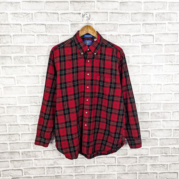 Pendleton Men's Virgin wool Button down flannel shirt Red plaid size Large - Picture 1 of 5